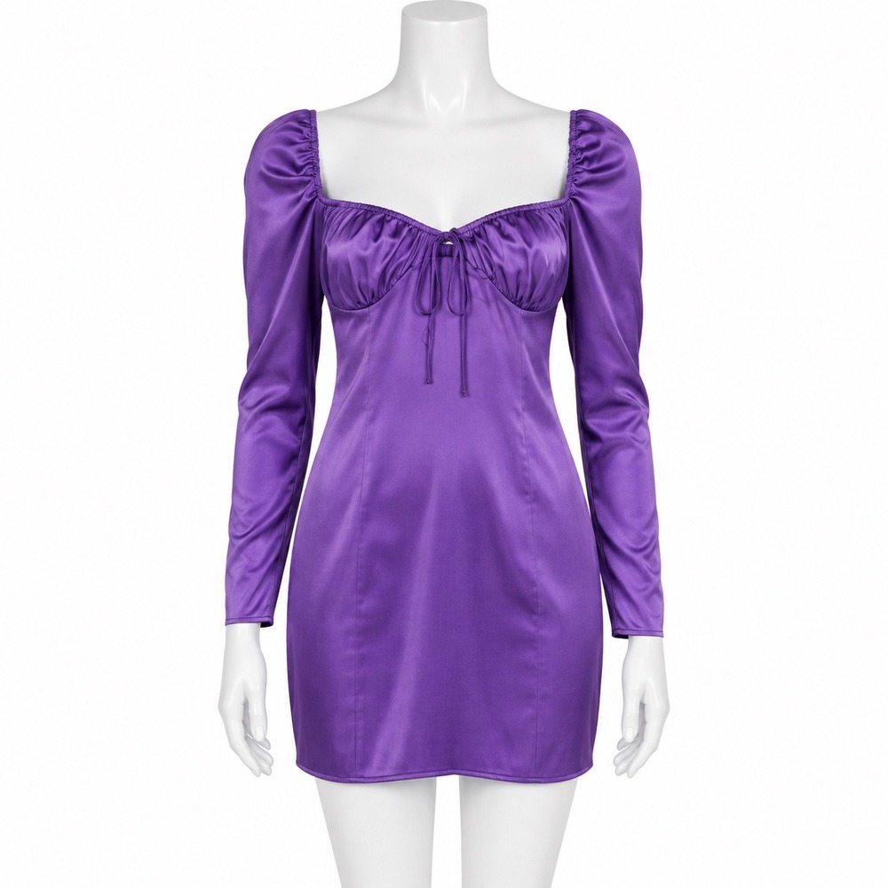 NEW Zara Purple Satin Long Sleeve Mini Dress Women's Small Sweetheart Coquette